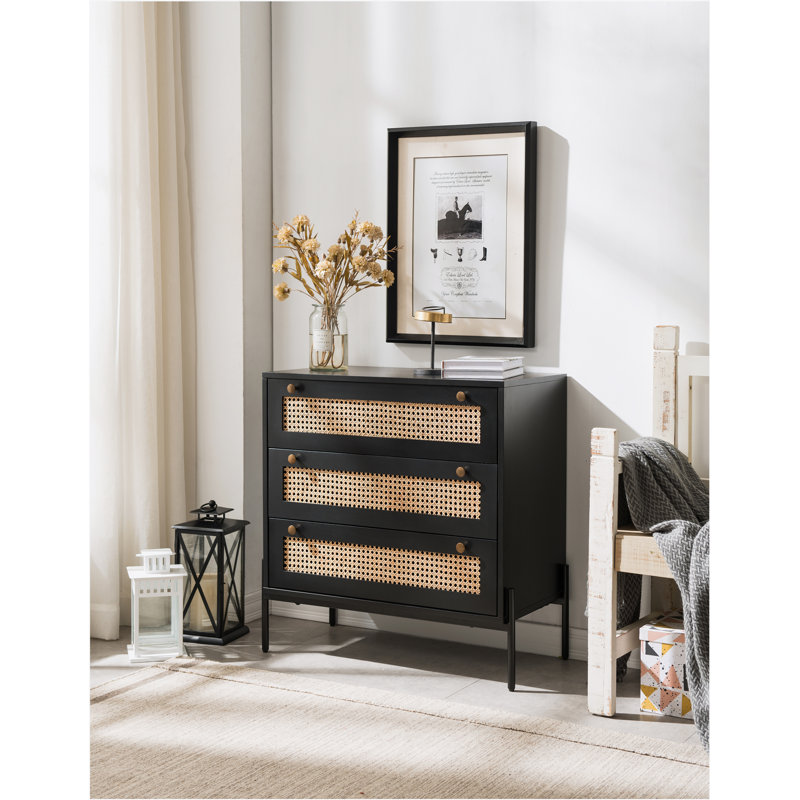 Butera 3 Drawer Dresser Rattan Storage Cabinet with 3 Large Drawers, Boho Mid-Century Wooden Nightstand Drawer Dresser, Sideboard Buffet Cabinet with Storage for Living Room Dining Room Hallway, 30×15.8×30 Inches