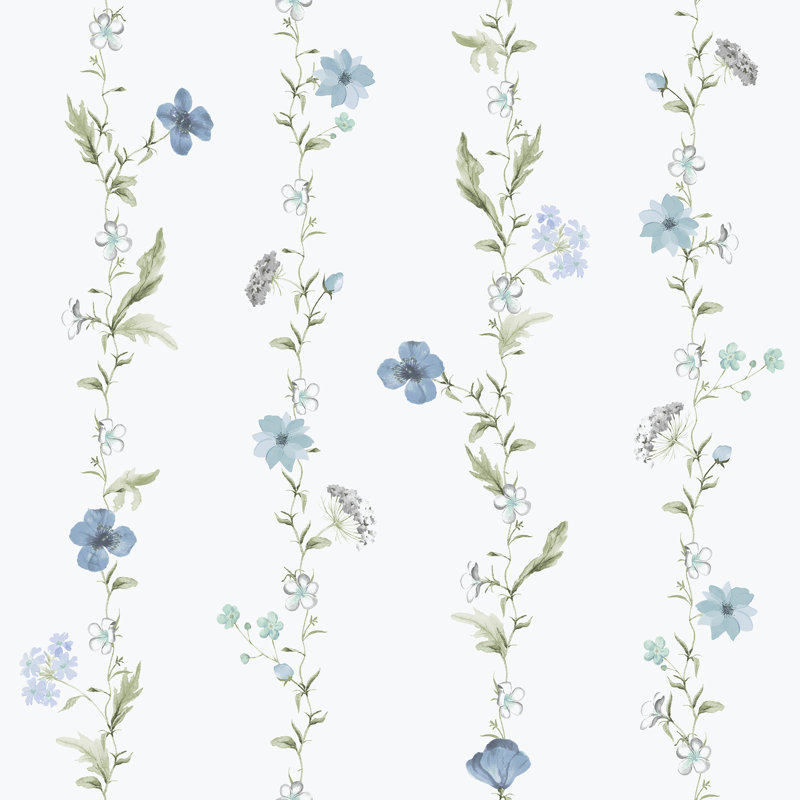 Spring Blossom Vertical Floral Garden 33' L x 21" W Wallpaper Roll, Blue/Green/White