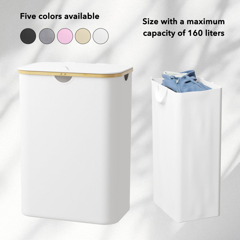 2-Section Laundry Hamper with Lid & Removable Bags, 160L Collapsible Clothes Basket with Bamboo Handles, for Bedroom, Bathroom, Dorm & Laundry Room
