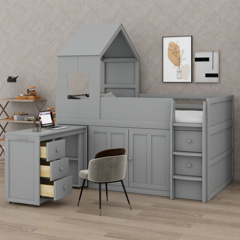 Lit mezzanine peu encombrant avec bureau intégré, tiroirs de rangement et armoires, Gris