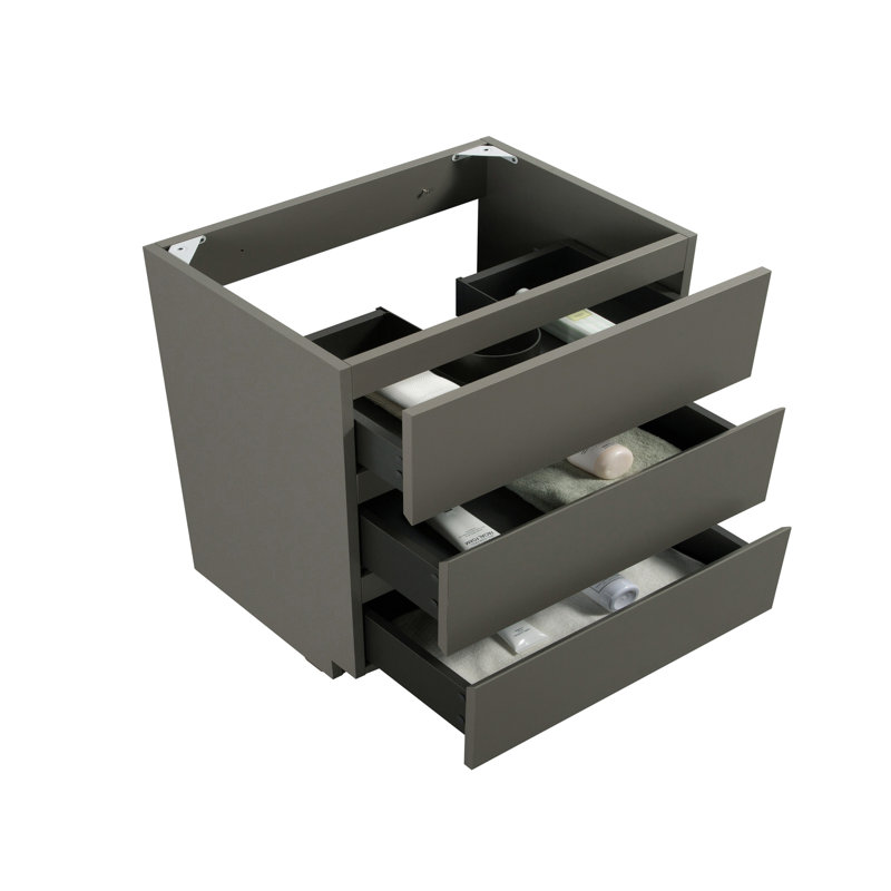 Without Basin Gray Floor Cabinet - . 3 Drawers, Pre-Assembled. Sleek Outlook. Maximize Storage. Silent & Smooth. Ergonomic Design. 34.63In Depth, 17.86In Width, 33.14In Height, 94.57Lb. 39In Package