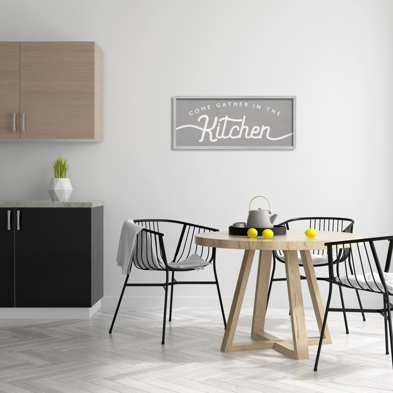 " Gather In The Kitchen Sign Rustic Family Phrase " by Daphne Polselli, Farmhouse Gray Framed Giclee, 13" H x 30" W x 1.5" D
