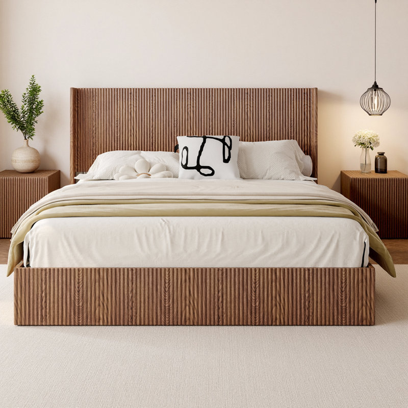 King Size Hydraulic Lift Storage Bed - Rustic Brown Wood Platform Bed Frame with 1000lb Capacity, No Box Spring Needed, American Artsy Design