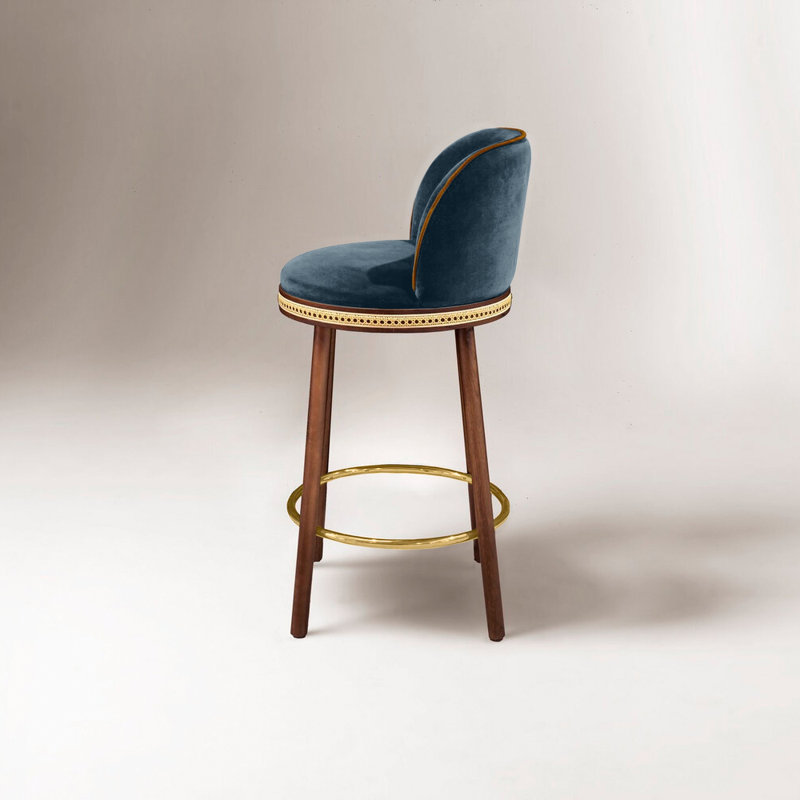 Alma Upholstered Stool with Solid Wood Frame, Bar Stool (30" Seat Height), Satin Brass, Mediterranee