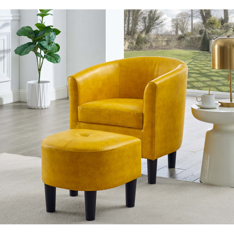 Aldayshein Upholstered Barrel Chair with Ottoman, Yellow Tufted PU Leather