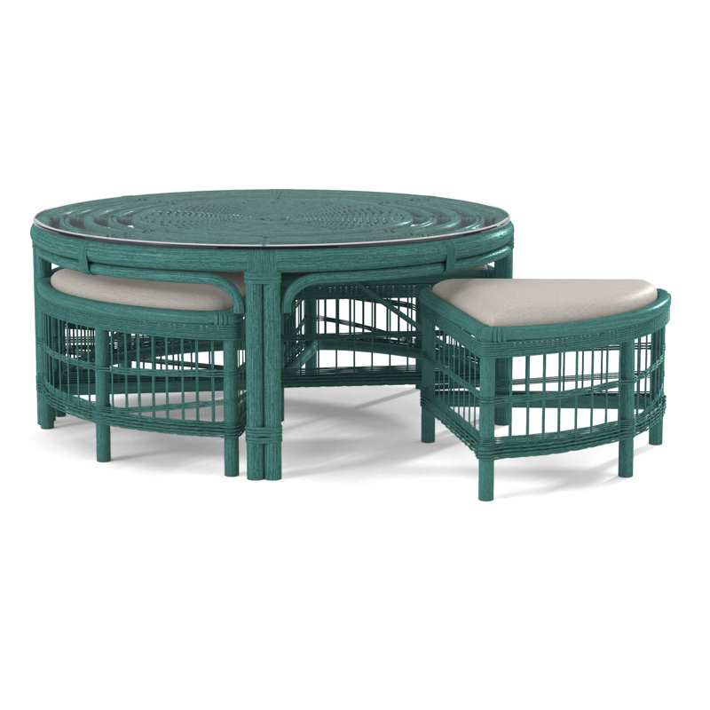 Raffles Rattan Cocktail Table with Benches, Celery, White Performance Fabric; 0851-94