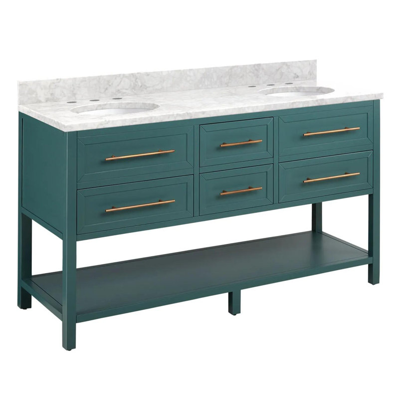 60" Robertson Double Bathroom Vanity Set with Oval Undermount Sinks, Carrara Marble, 8" Widespread, Midnight Navy Blue