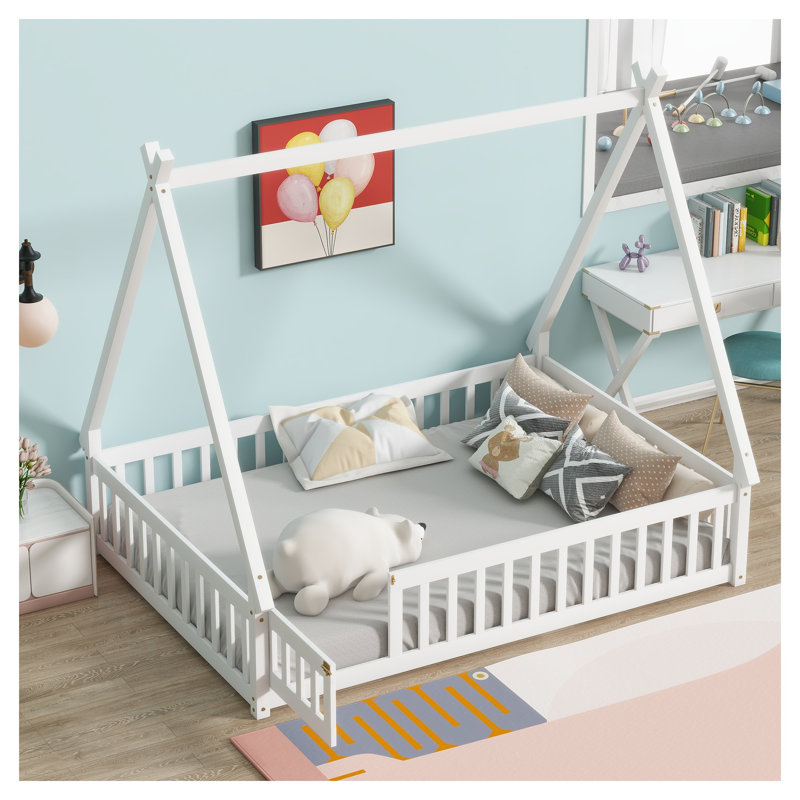Structure de lit double pleine grandeur avec porte et garde-corps, lit pour enfants Montessori Teepee