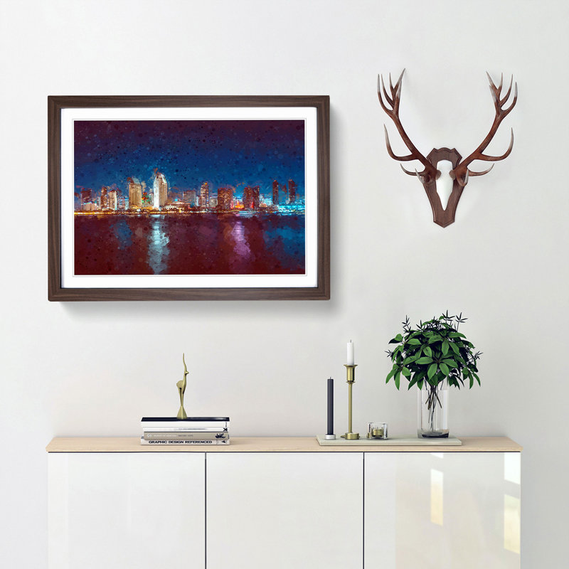 San Diego Skyline at Dusk in Abstract - Picture Frame Graphic Art Print, Walnut, 40cm H x 60cm W x 2cm D