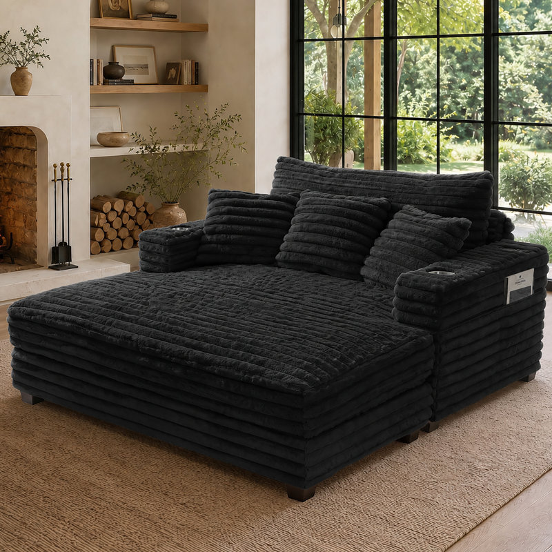 Très grand canapé-lit moderne surdimensionné avec revêtement en fausse fourrure moelleuse et ensemble d'oreillers, Black