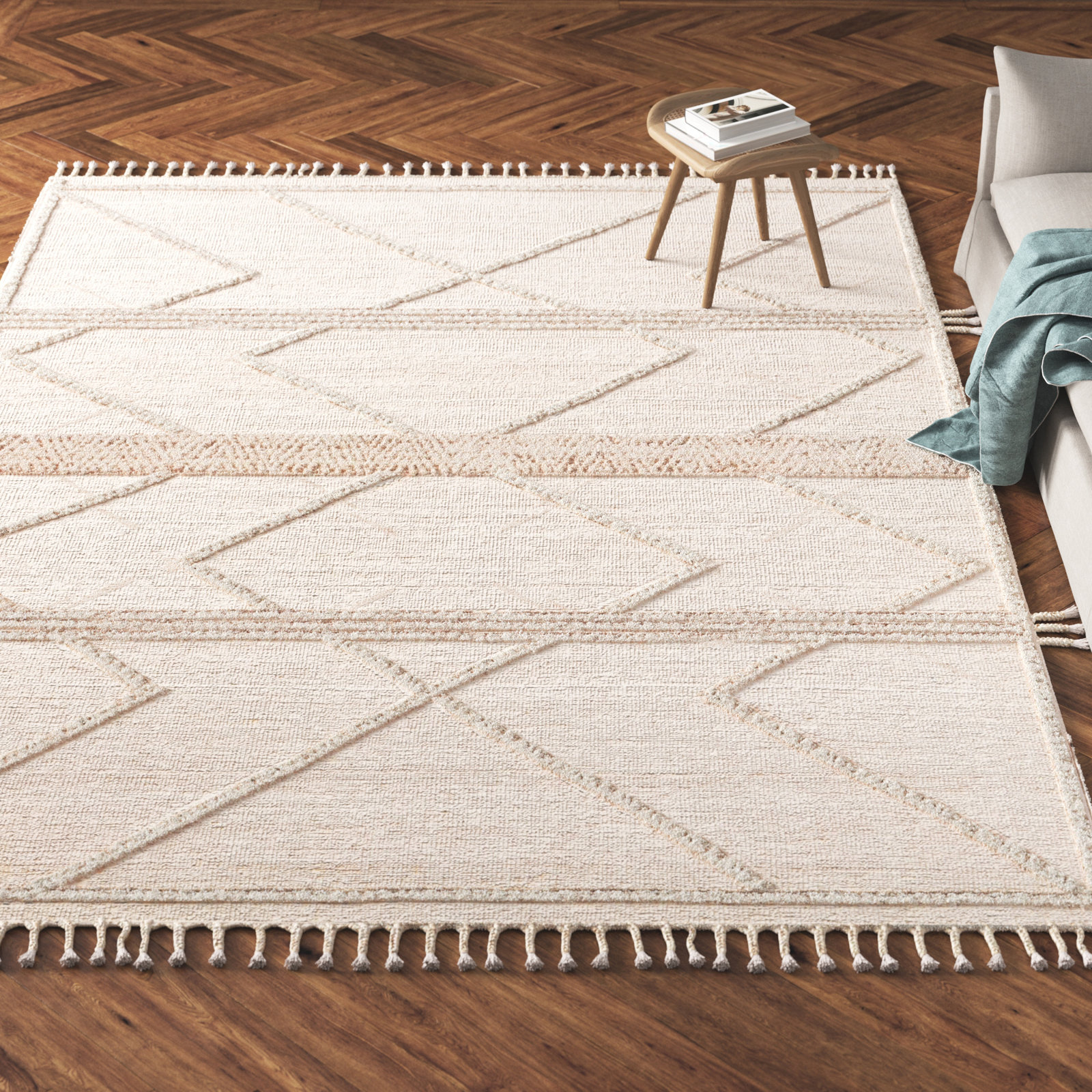 Hanna Beige Ivory Hand-Knotted Wool Rug, Rectangle 5'6" x 8'6"