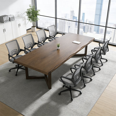 Ensemble de table de conférence en bois massif pour 8 personnes avec chaises de bureau ergonomiques