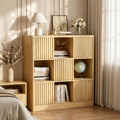 35.4" 9-cube Fluted Bookcase With Sliding Slatted Doors, Freestanding Open & Hidden Storage Display Cabinet For Home Office Bedroom Entryway