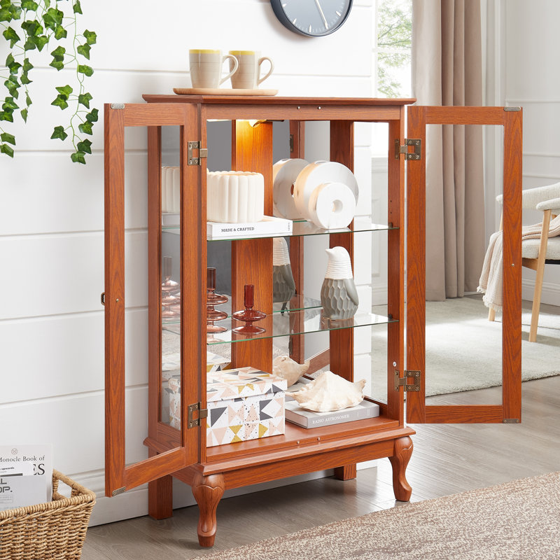 2 Doors Curio Cabinet With Tempered Glass Doors, Curio Cabinets With Mirrored Back Panel And Adjustable Shelves, Lighted Display Cabinet For Home, Office Light Bulb Included DARK OAK