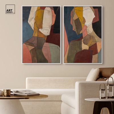 Cubist Contemplation Dialogue Canvas Print Abstract Boho Art Set by Art Remedy, Black Frame, 10 x 15