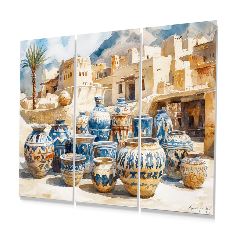 Ensemble d'art mural brun et bleu, poterie du désert africain I - Boho, H 28 po x l 36 po x P 1 po