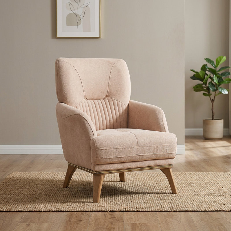 Chaise d'appoint moderne en tissu avec accoudoirs arrondis et pieds en bois, Beige