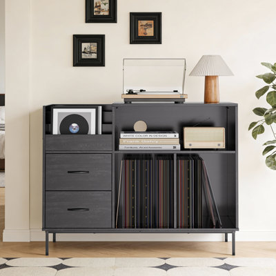 Support pour tourne-disque avec tablettes réglables, prises, console média avec tablette de haut-parleur et 2 tiroirs, support de téléviseur pour salon, chambre à coucher, assemblage requis