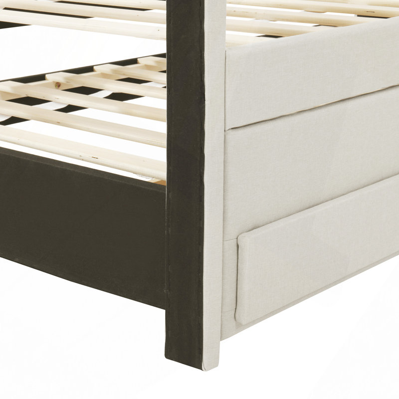 Lit plateforme double tapissier avec lit gigogne simple et 3 tiroirs, tissu en lin