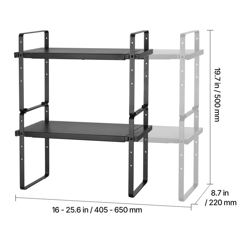 Organisateur de tablette d'armoire de cuisine réglable à 2 niveaux, support de rangement en fer extensible pour garde-manger, salle de bain et bureau, noir