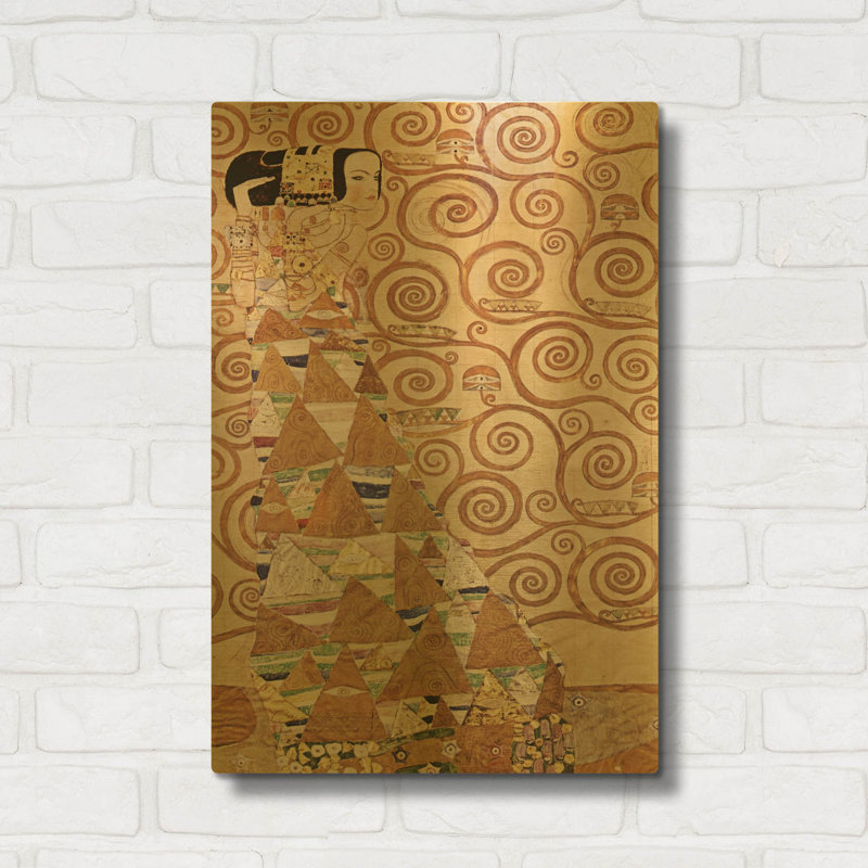 «Expectation» par Gustav Klimt, art mural en métal doré, 16 po x 24 po, 16 po x 24 po