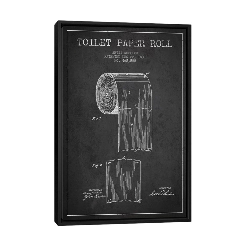 " Toilet Paper Charcoal Patent Blueprint " by Aged Pixel, 26" H x 18" W x 1.5" D, Black Framed Canvas
