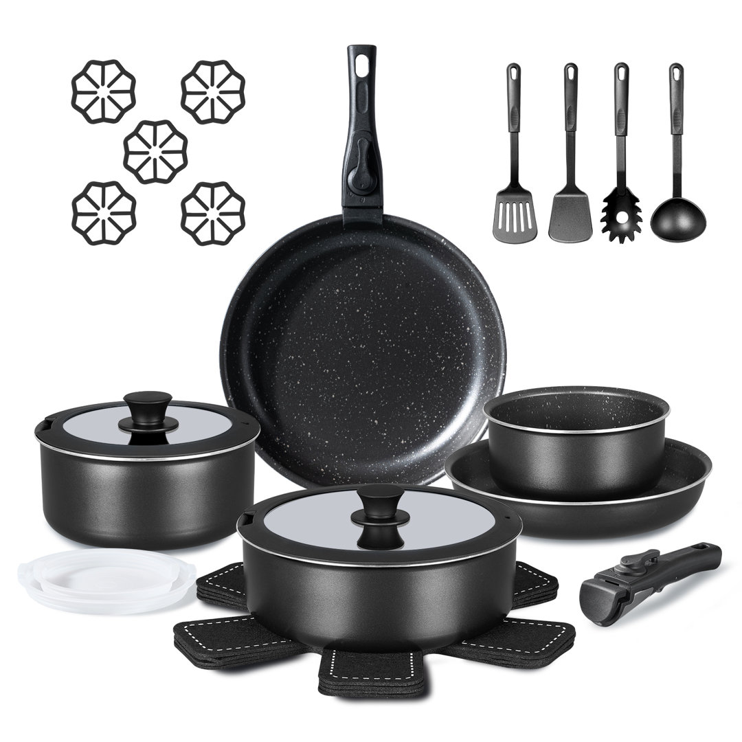 24-Piece Nonstick Cookware Set Removable Handles, Stackable, RV Cookware Sets,Black Chef Power