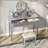 Luxury Vanity Desk with Round Mirror,Height-Adjustable, Stylish Dressing Table Set, 4 Drawers & Stool, Silver-2088675828
