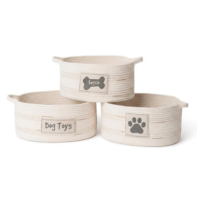 Dog Toy Storage Baskets – Set of 3 Oval Fabric Rope Organizer Bins for Pet and Household Storage, with Handles, Charcoal Gray on Ivory