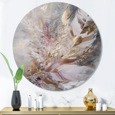 «Pink Feather» Boho Majesty I - Glam Feather, art mural rond en métal