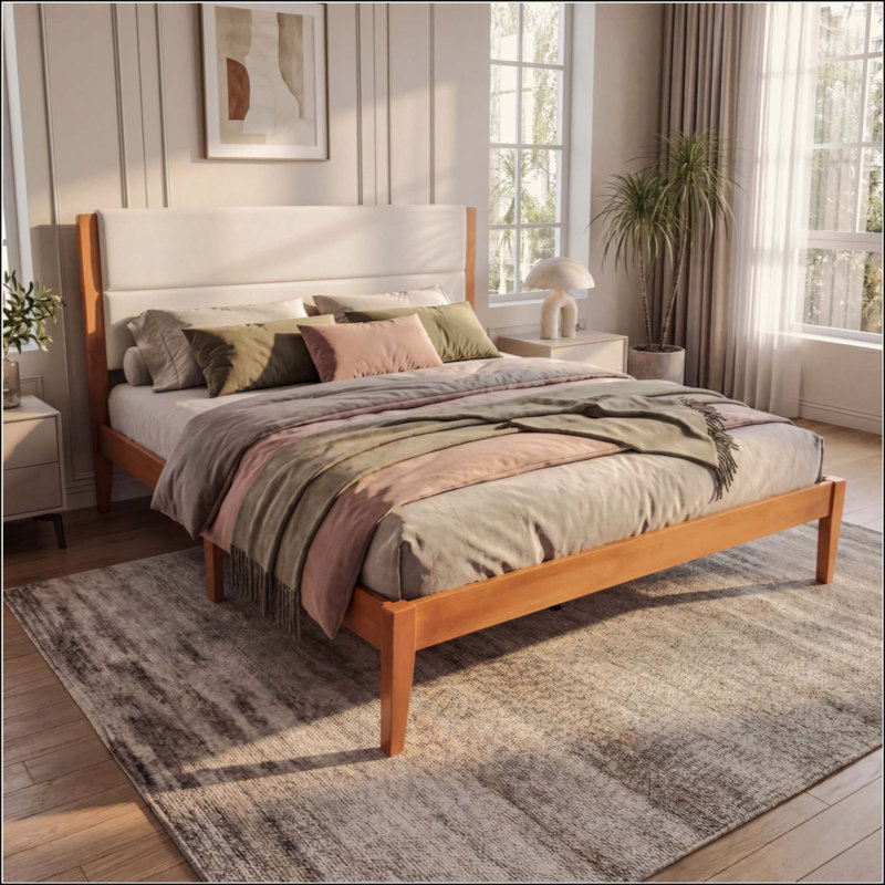 Structure de lit plateforme Mid-Century moderne avec tête de lit tapissier, support de lattes en bois massif, aucun sommier requis, assemblage facile