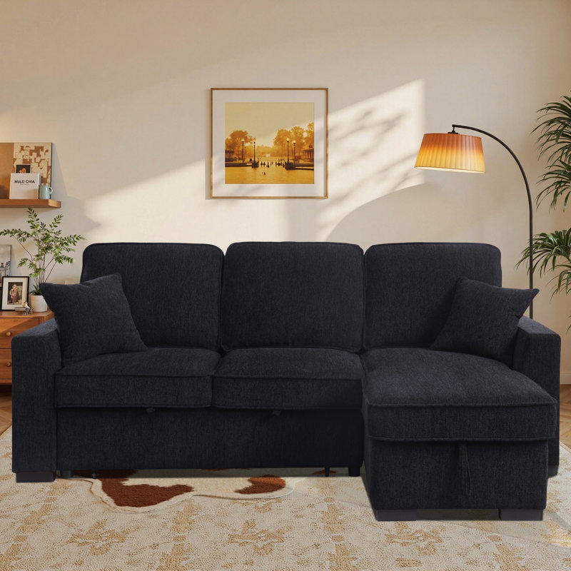 L-Shaped Sleeper Sofa Reversible Couch Pull Out Couch With Storage Chaise, Black Chenille