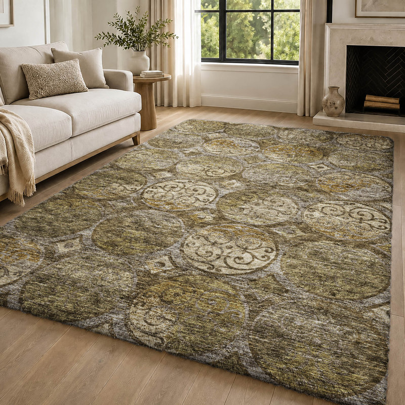 Tapis Dream Shag ADS738 à cercles, lavable à la machine de qualité supérieure, Brown, 10' x 14'