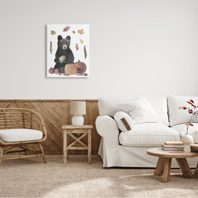 Ourson tenant des pommes, un feuillage d'automne et des citrouilles - impression, Toile tendue, H 30 po x l 24 po x P 1,5 po