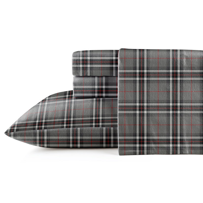 Flannel Plaid Sheet Set, King Sheet Set + Fitted Sheet + 2 Pillowcases, Grey, Red Derby