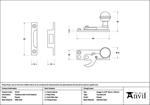 Prestbury Sash Hook Fastener, Pewter Patina