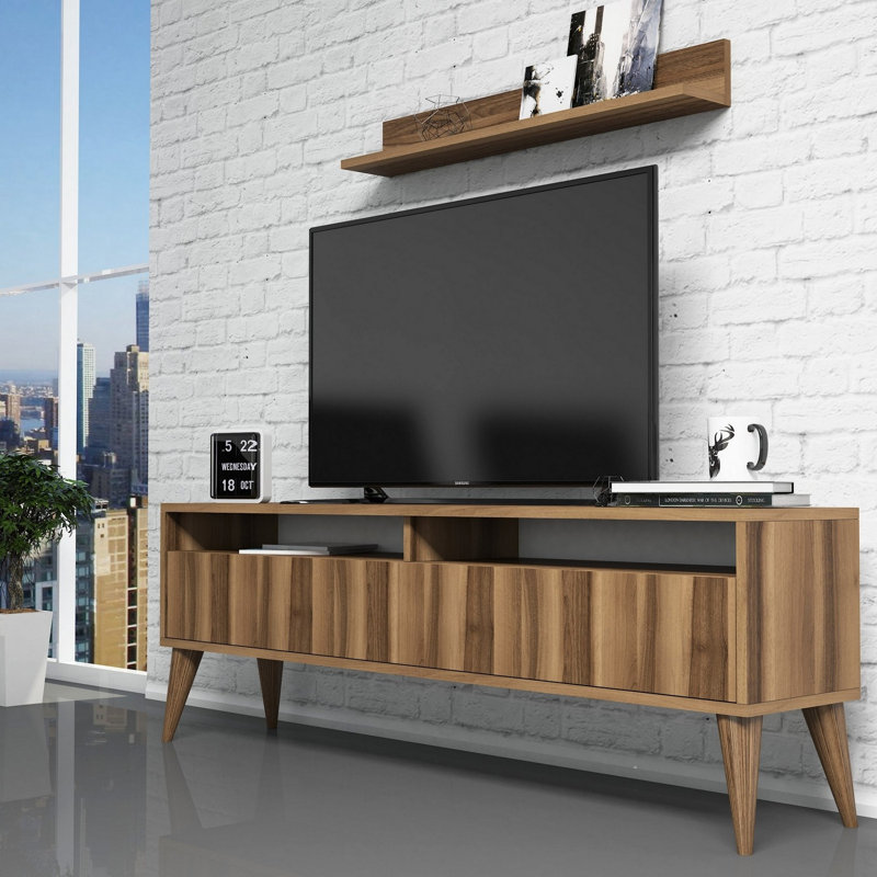 Modern Walnut TV Unit & Wall Shelf Set, 59.1 x 19.7 x 11.8 inches | 100% Melamine Coated Particle Board, Thickness: 0.7 inches | Stylish Design with Multiple Shelves, Easy Wall-Mounting | Perfect for Living Room & Entertainment Spaces