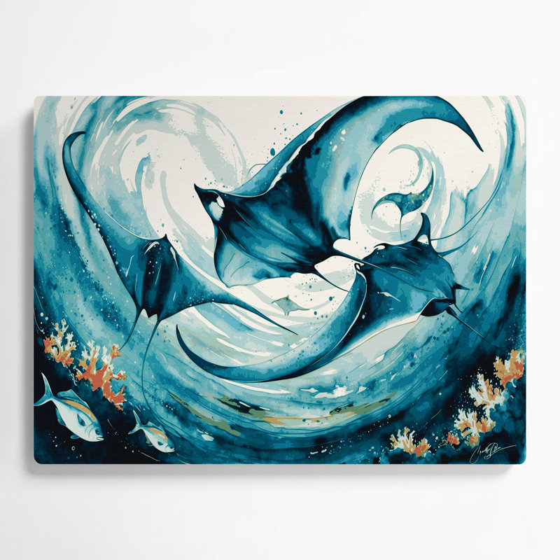 Art mural vert hawaïen avec raies manta, H 11 po x l 14 po