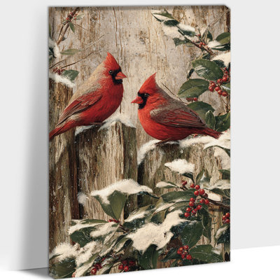 Hiver, art mural cardinal d'hiver, décoration d'oiseaux d'hiver, art mural rétro sur toile pour le salon