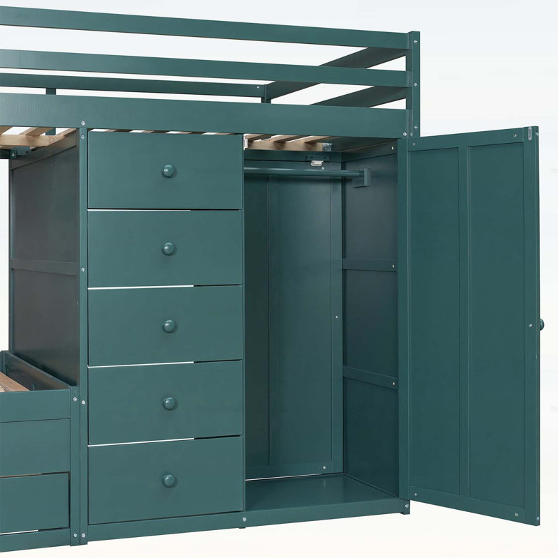 Lit superposé double avec tiroirs multiples et mini garde-robe, panneau de fibres à densité moyenne et bois massif, rangement moderne - vert Morandi