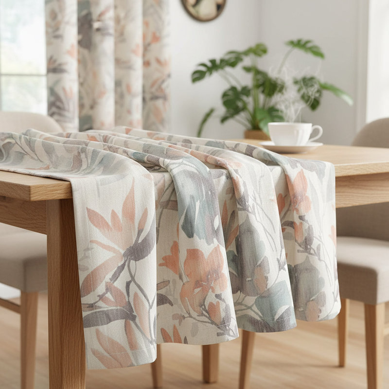 Coral & Natural Linen-Style Grommet Curtains 84" - 2 Panels Light Filtering Cotton Window Drapes