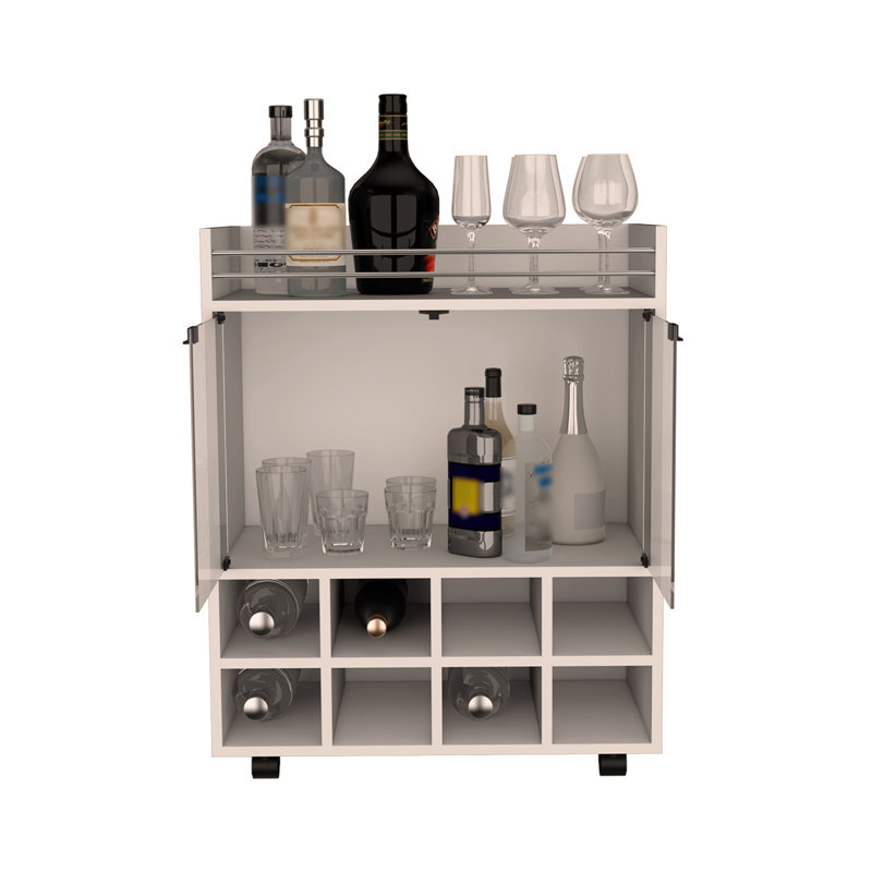 Chariot-bar St Andrews avec support intégré pour 8 bouteilles, armoire à double porte vitrée et surface supérieure bordée d'aluminium