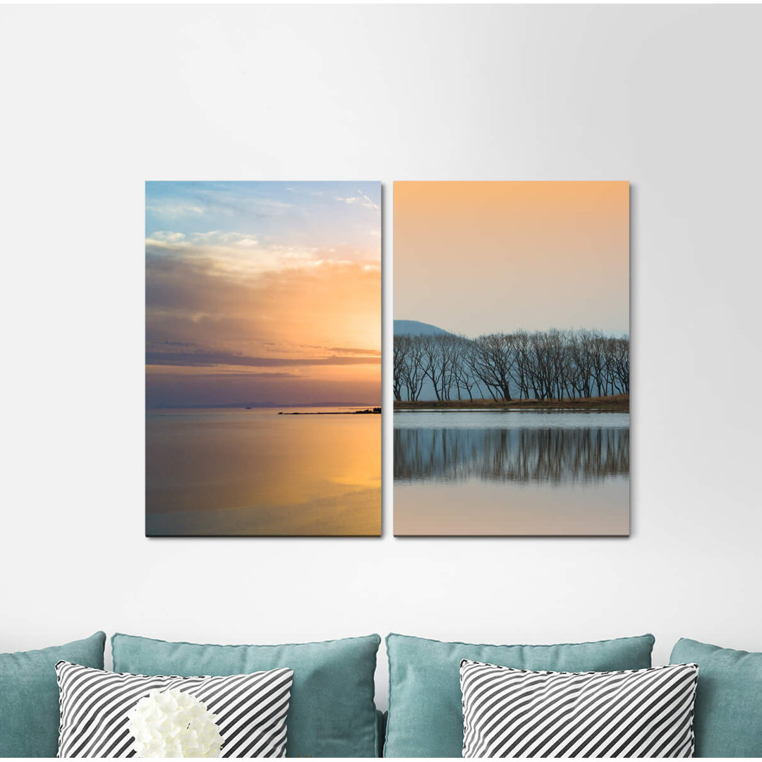 2-tlg. Leinwandbilder-Set - Fotografie „Horizon Sea Lake Gold Sunset Harmony Trees”