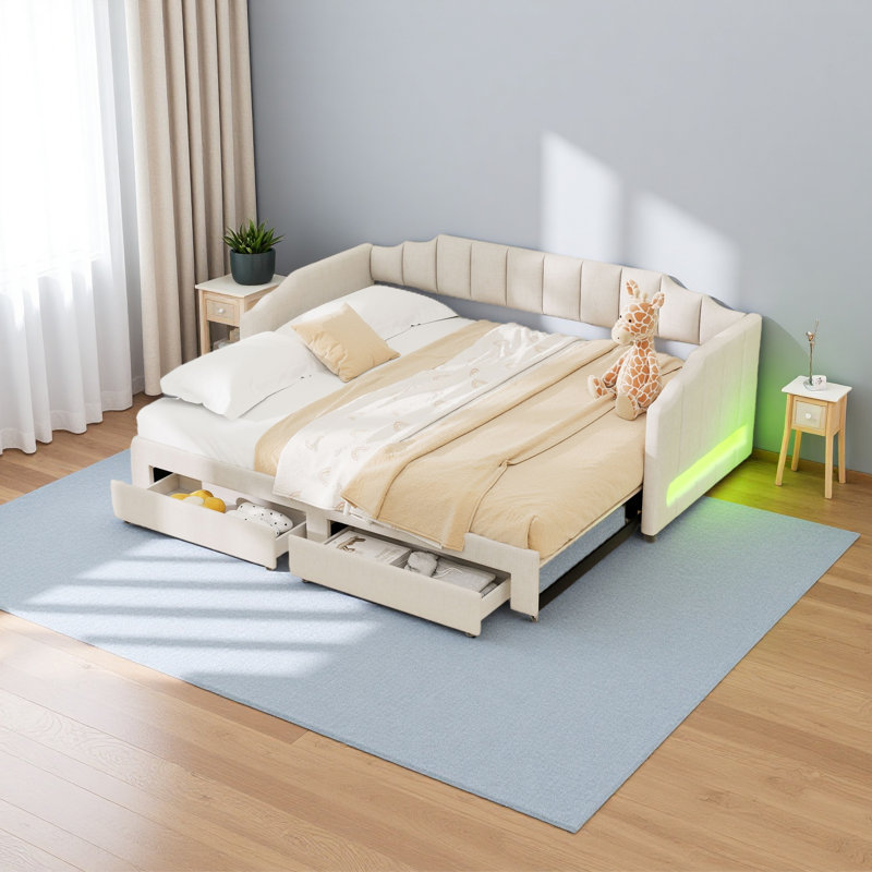 Twin XL Size Extendable Upholstered Daybed With Two Storage Drawers And LED Light, Beige