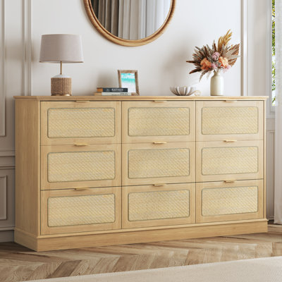 9-Drawer Boho Wood Chest Of Drawer 60" Wide Rattan Style