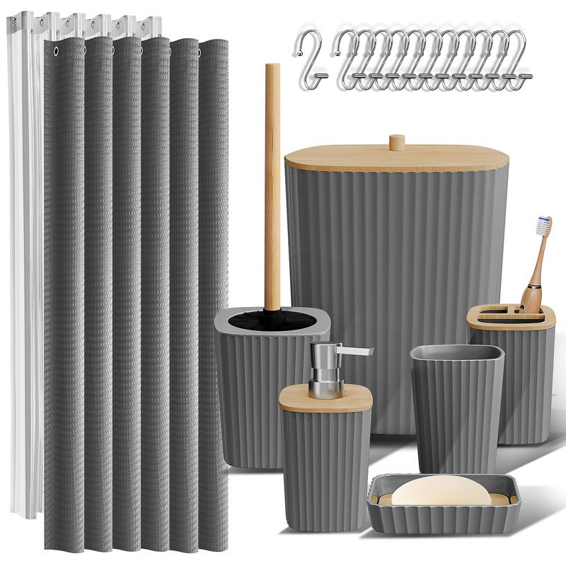 Complete 20 Piece Bathroom Accessory Set with Shower Curtain, Liner, and Hooks, Gray