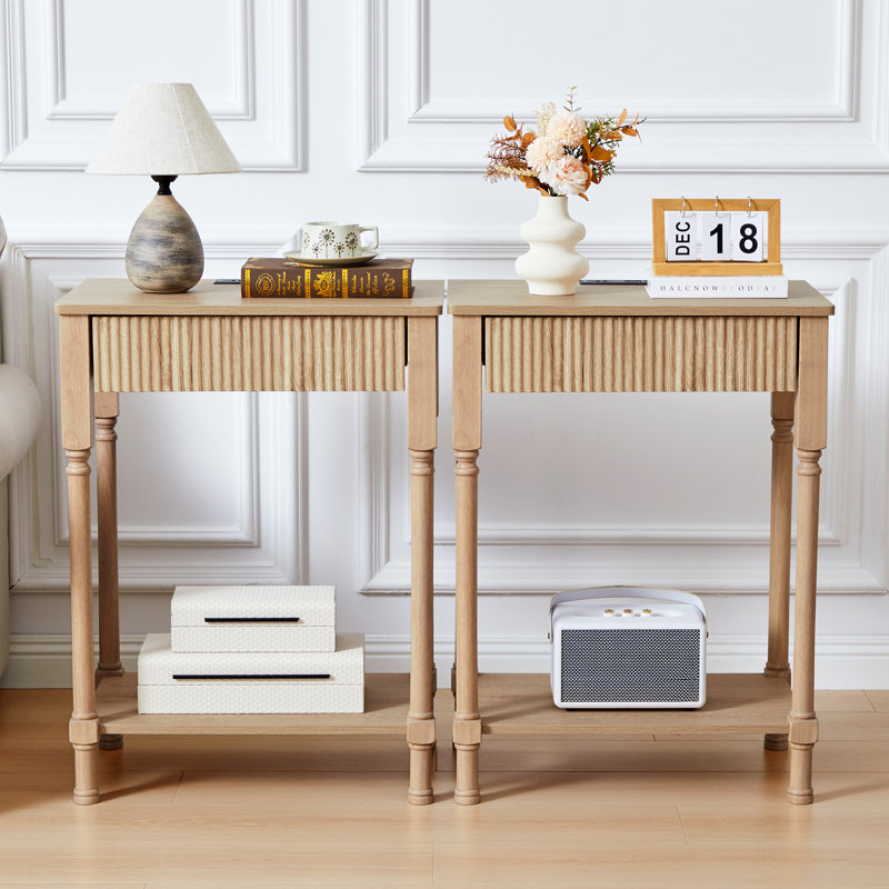 Farmhouse End Table With Storage And Built-In Charging Outlets, Walnut