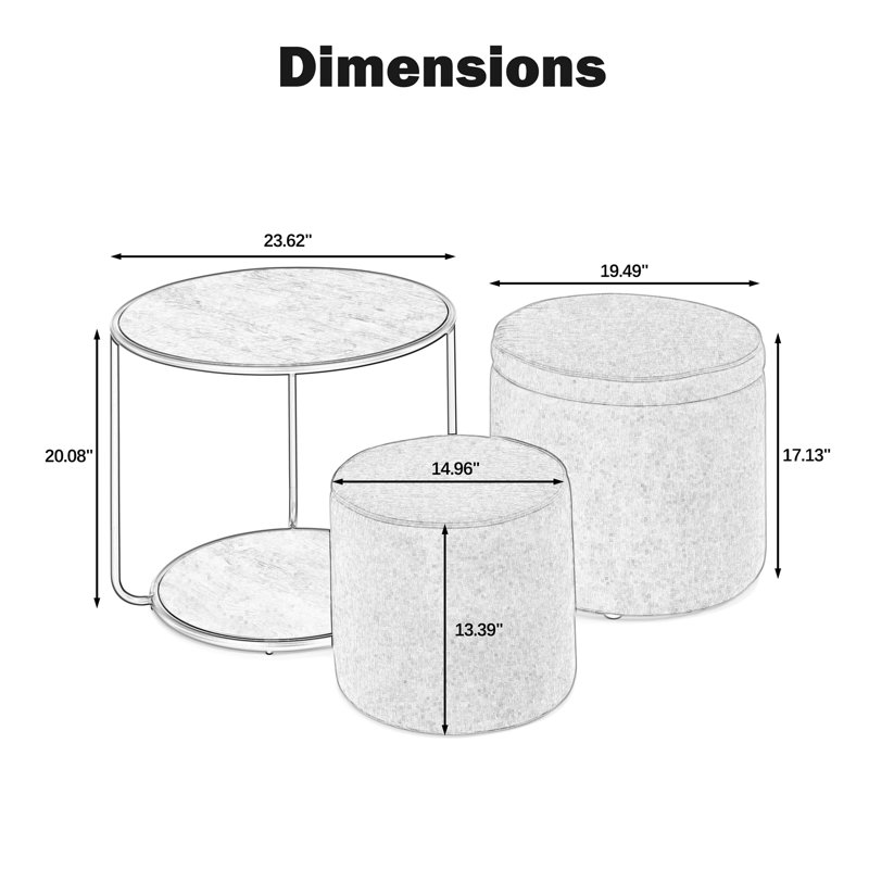 Coffee Table Set With 2 Stools, Beige