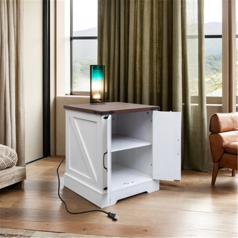 Versatile Farmhouse End Table with Charging and Storage Options, White/Deep Walnut