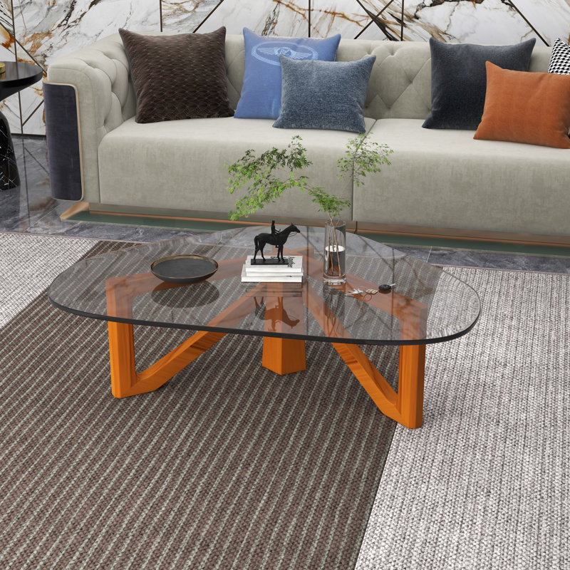 Issie Triangular Coffee Table – Tempered Glass Top with Stained Rubberwood Cross Base, Modern Living Room Accent Table with Anti-Slip Pads Centerpiece